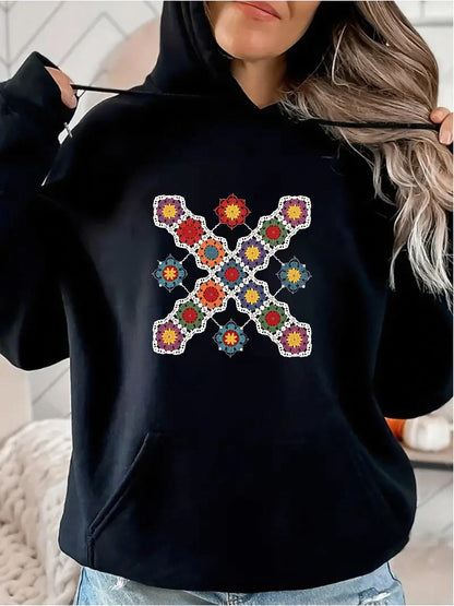 Women's Graphic Hoodie Colorful Floral Embroidery Pattern With Geometric Cross Centerpiece