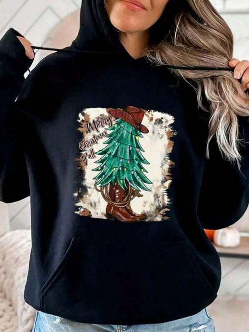 Women's Graphic Hoodie Rugged Forest Among Vintage Brown Accent Christmas Tree