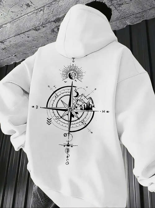 Men's Graphic Hoodie Radiant Sun With Compass Mountains And Crescent Moon Motif Hoodie