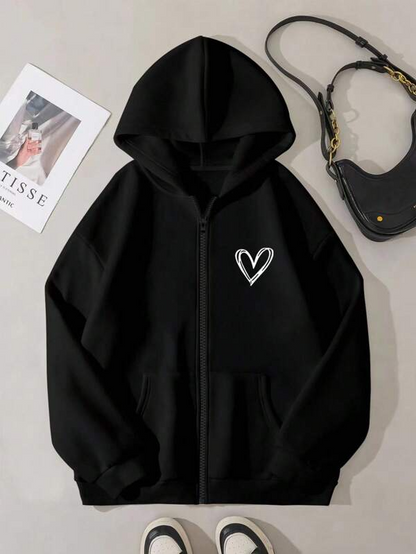 Women's Graphic Hoodie Minimalist White Line Heart Design Hoodie