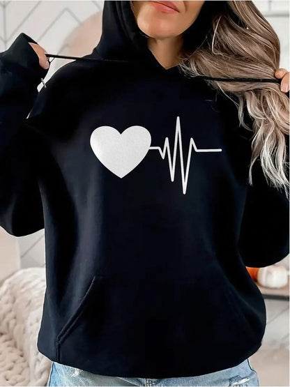 Women's Graphic Hoodie White Heart Pulse Line Across Plain Black Hoodie