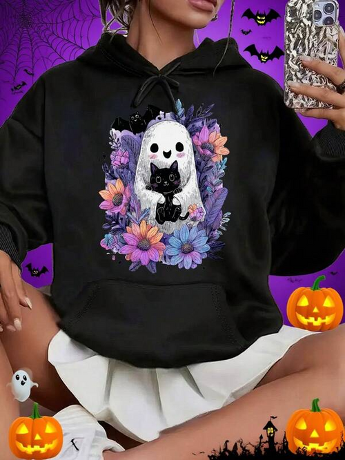 Women's Graphic Hoodie Playful Ghost Surrounded By Flowers With Happy Black Cat