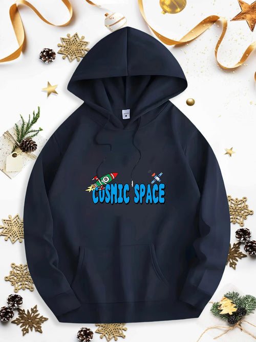 Men's Graphic Hoodie Cosmic Space With Playful Cartoon Rockets In Colorful Stars Hoodie