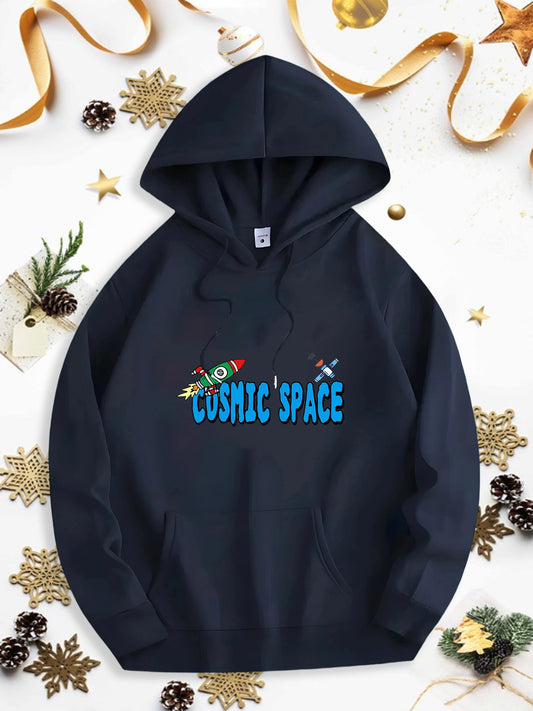 Men's Graphic Hoodie Cosmic Space With Playful Cartoon Rockets In Colorful Stars Hoodie