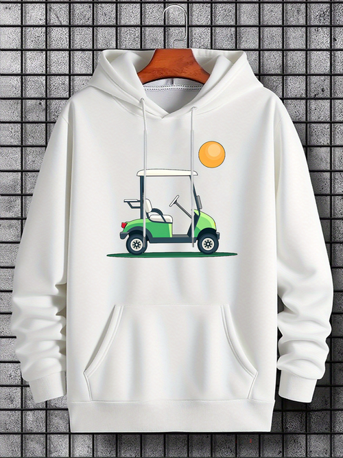 Men's Graphic Hoodie Sunny Day With Green Golf Cart Under Yellow Sun Cart