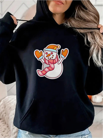 Women's Graphic Hoodie Cheerful Cartoon Scarf Snowman With Colorful Mittens Under Winter Night Sky