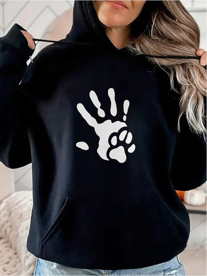 Women's Graphic Hoodie Bold White Handprint With Animal Paw Imprint Centered On Hoodie