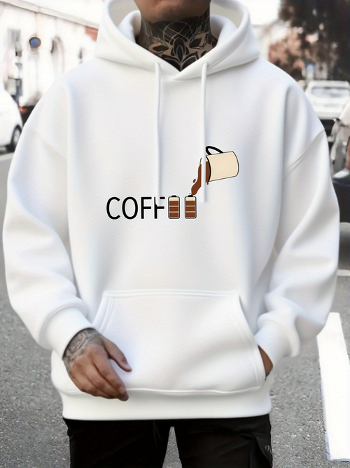 Men's Graphic Hoodie Coffee Cup With Three Brown Striped Mugs Under Sunlight