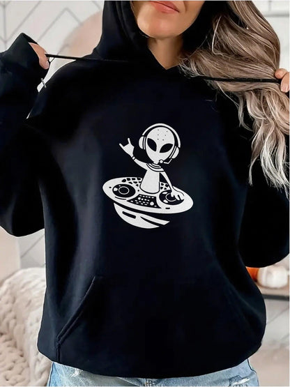 Women's Graphic Hoodie Futuristic Alien With Headphones Mixing At Galactic DJ Booth