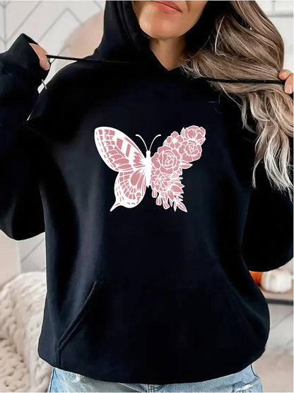Women's Graphic Hoodie Delicate Pink Floral Motif Among Butterfly Wings