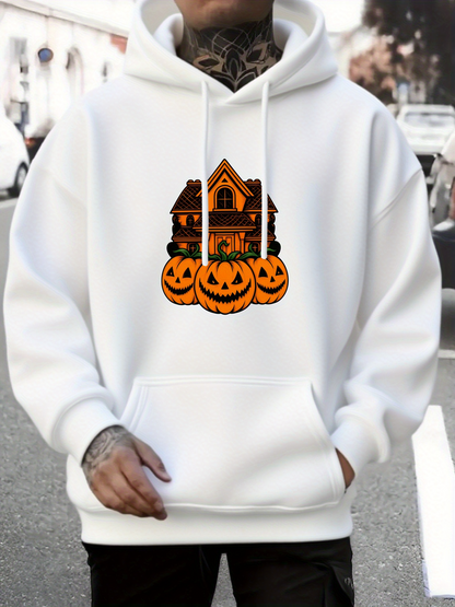 Men's Graphic Hoodie Spooky Haunted House With Three Glowing Halloween Pumpkins Mansion