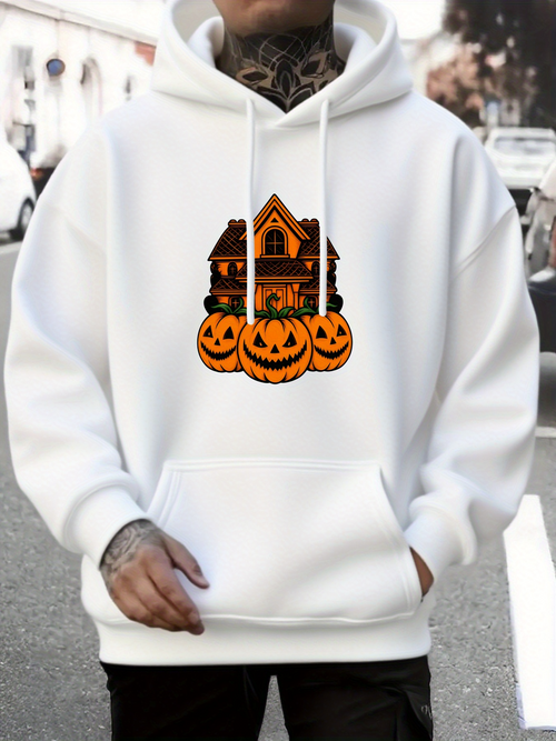 Men's Graphic Hoodie Spooky Haunted House With Three Glowing Halloween Pumpkins Mansion