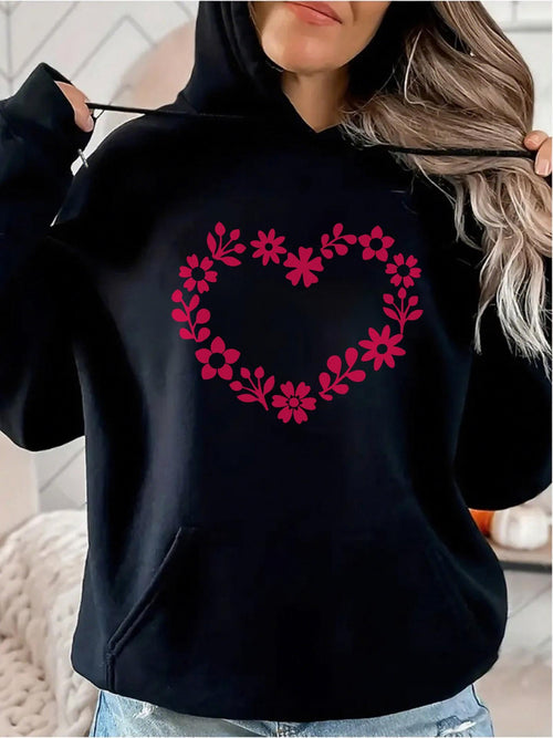 Women's Graphic Hoodie Floral Heart With Cherry Blossom Patterned Flowers On Black Hoodie