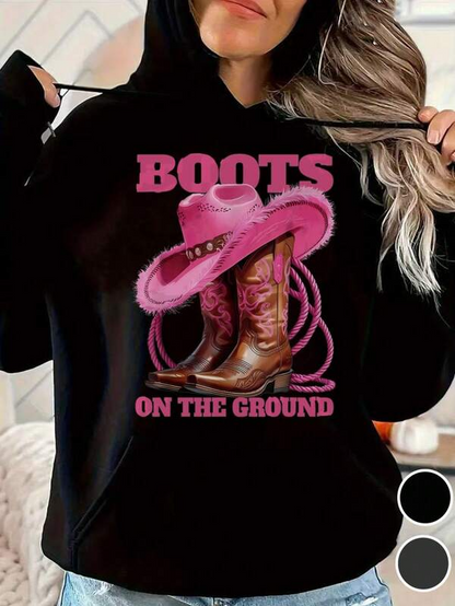 Women's Graphic Hoodie Boots On The Ground With Pink Cowboy Hat Rope And Brown Boots