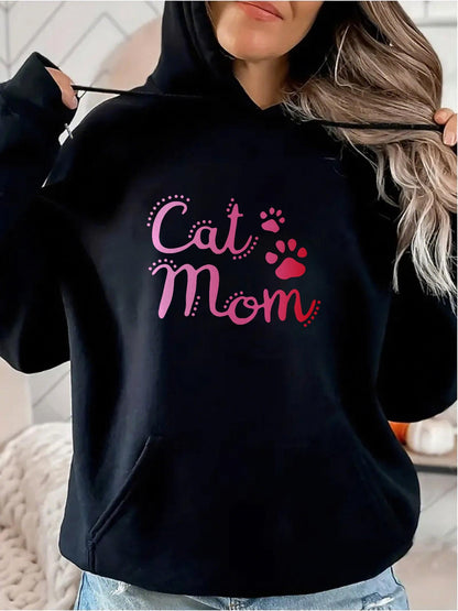 Women's Graphic Hoodie Cat Mom Pink Lettering With Playful Paw Print Accents Under Soft Lighting Hoodie