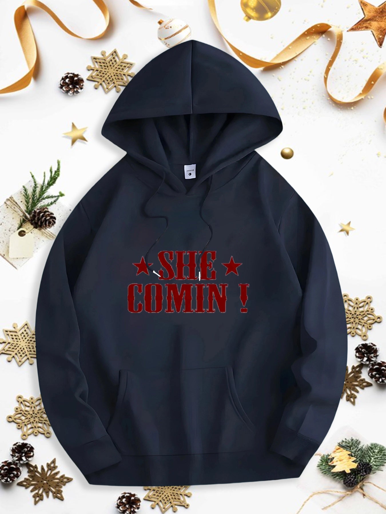 Men's Graphic Hoodie She Comin Bold Red Letters Surrounded By Two Star Graphics Hoodie