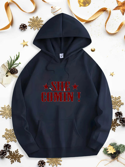 Men's Graphic Hoodie She Comin Bold Red Letters Surrounded By Two Star Graphics Hoodie