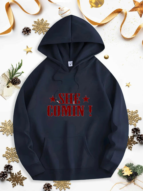 Men's Graphic Hoodie She Comin Bold Red Letters Surrounded By Two Star Graphics Hoodie