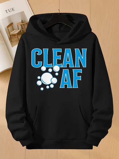 Men's Graphic Hoodie Clean Af Blue Lettering Surrounded By White Soap Bubbles On A Black Hoodie