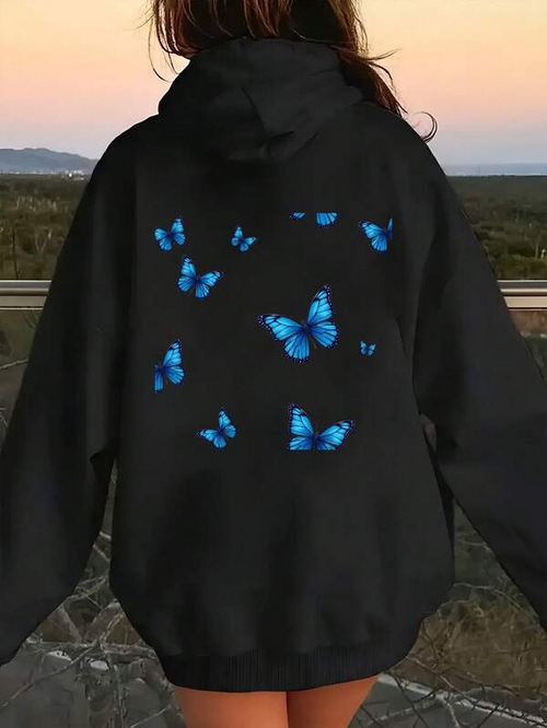 Women's Graphic Hoodie Neon Blue Butterflies Floating Gently Across Midnight Black Hoodie