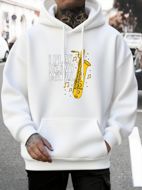 Men's Graphic Hoodie Yellow Notes With Glowing Saxophone Surrounded By Dancing Musical Symbols Saxophone
