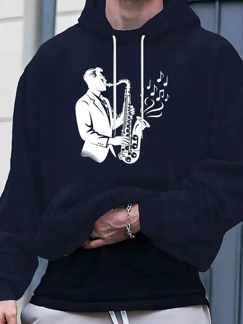 Men's Graphic Hoodie Stylish Music Notes With Jazz Man Playing Saxophone