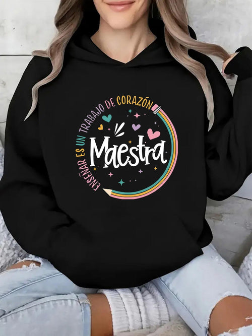 Women's Graphic Hoodie Colorful Heart Accents With Playful Swirl Graphic Featuring Teacher Text