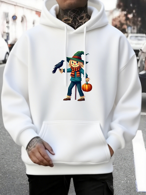 Men's Graphic Hoodie Cheerful Autumn Harvest With Pumpkin Lantern Happy Scarecrow