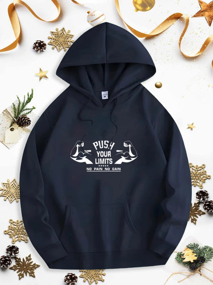 Men's Graphic Hoodie Push Your Limits With Determined Runners Print Black Hoodie