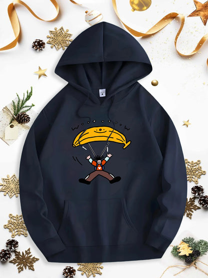 Men's Graphic Hoodie Cartoon Smiling Yellow Parachute With Playful Adventurer Under Blue Sky