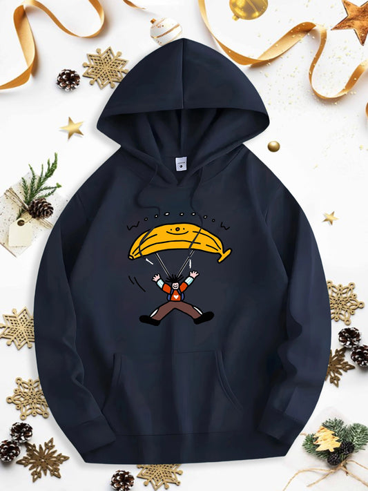 Men's Graphic Hoodie Cartoon Smiling Yellow Parachute With Playful Adventurer Under Blue Sky