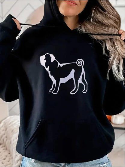 Women's Graphic Hoodie Outline Silhouette Standing Smoothly With Soft Light Pug Dog