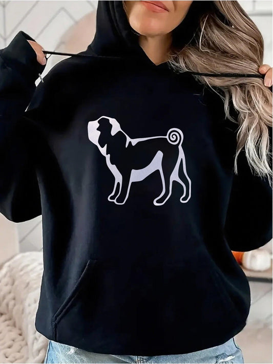Women's Graphic Hoodie Outline Silhouette Standing Smoothly With Soft Light Pug Dog
