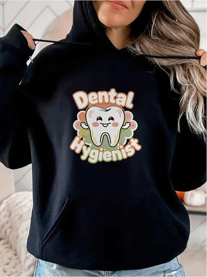 Women's Graphic Hoodie Dental Hygienist Cartoon Smiling Tooth Surrounded By Colorful Clouds
