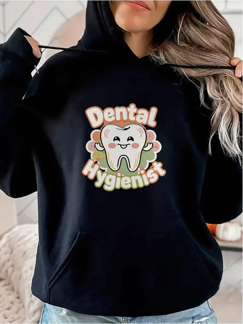 Women's Graphic Hoodie Dental Hygienist Cartoon Smiling Tooth Surrounded By Colorful Clouds