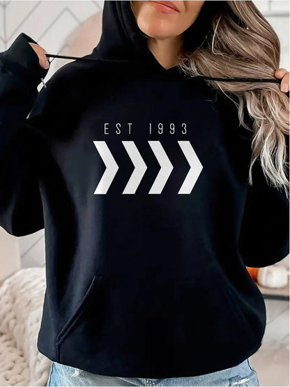 Women's Graphic Hoodie Est 1993 With Bold Graphic Arrows Pointing Forward Hoodie