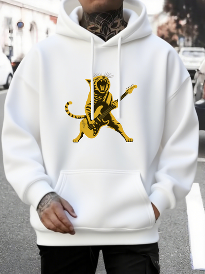 Men's Graphic Hoodie Playful Punk Tiger With Distinct Stripes Holding Electric Guitar