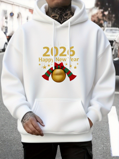 Men's Graphic Hoodie Happy New Year Gold Ribbon And Festive Ornament Ball