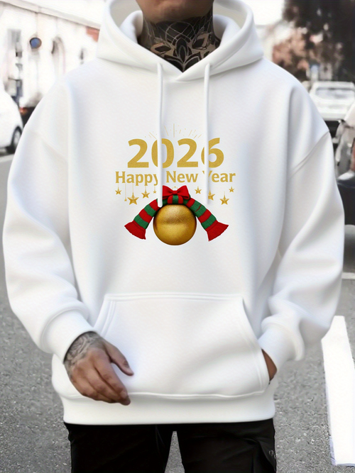 Men's Graphic Hoodie Happy New Year Gold Ribbon And Festive Ornament Ball