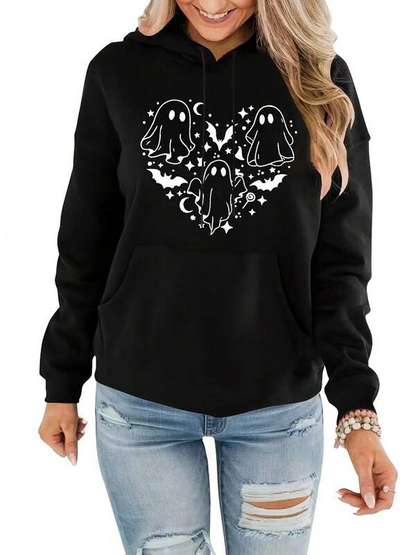 Women's Graphic Hoodie Playful Floating Ghosts Under Starry Heart Night Sky Ghost