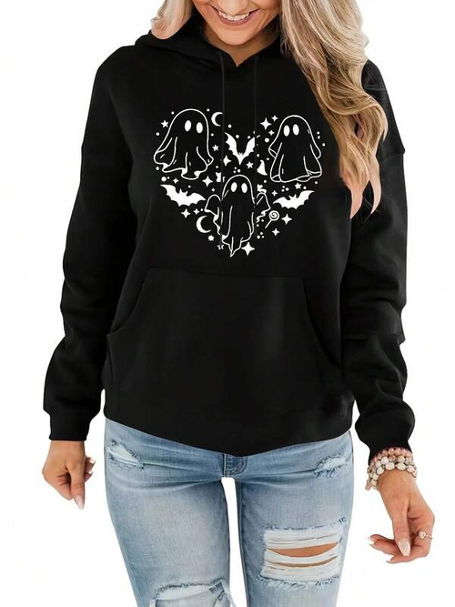 Women's Graphic Hoodie Playful Floating Ghosts Under Starry Heart Night Sky Ghost