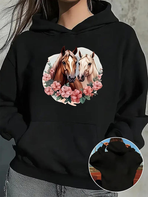 Women's Graphic Hoodie Blooming Spring Floral Wreath With Gentle Horses Surrounded By Roses