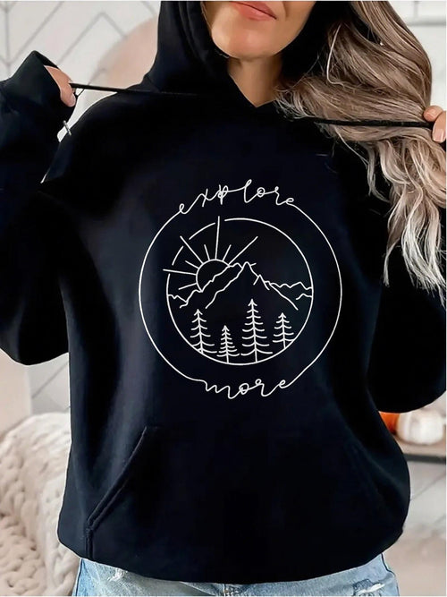 Women's Graphic Hoodie Explore More Hand Drawn Sun Rising Over Pine Forest Mountain
