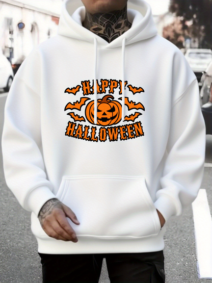 Men's Graphic Hoodie Happy Halloween With Flying Bats And Grinning Pumpkin Under Autumn Sky