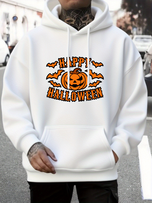Men's Graphic Hoodie Happy Halloween With Flying Bats And Grinning Pumpkin Under Autumn Sky