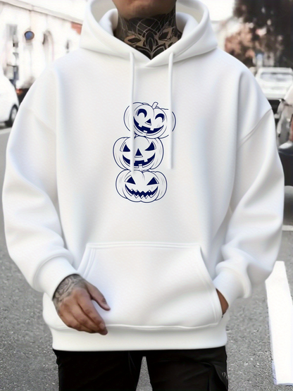 Men's Graphic Hoodie Three Stacked Carved Pumpkin Faces With Playful Expressions On Hoodie