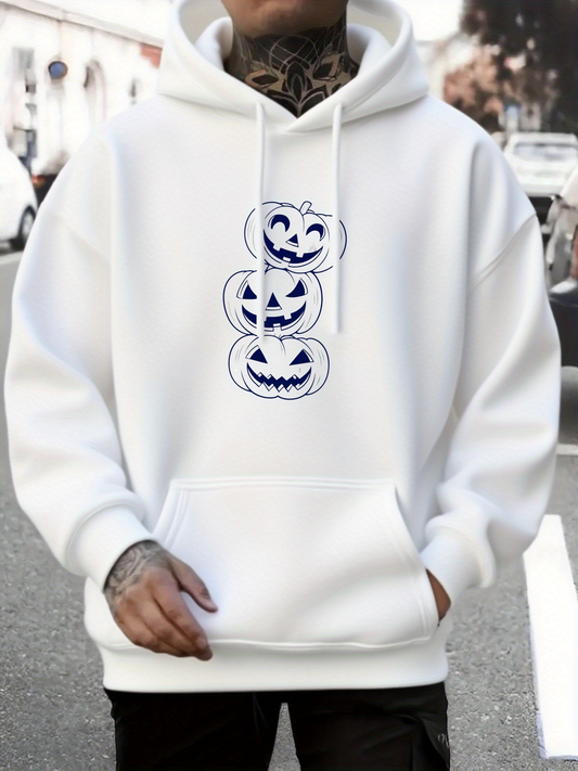 Men's Graphic Hoodie Three Stacked Carved Pumpkin Faces With Playful Expressions On Hoodie