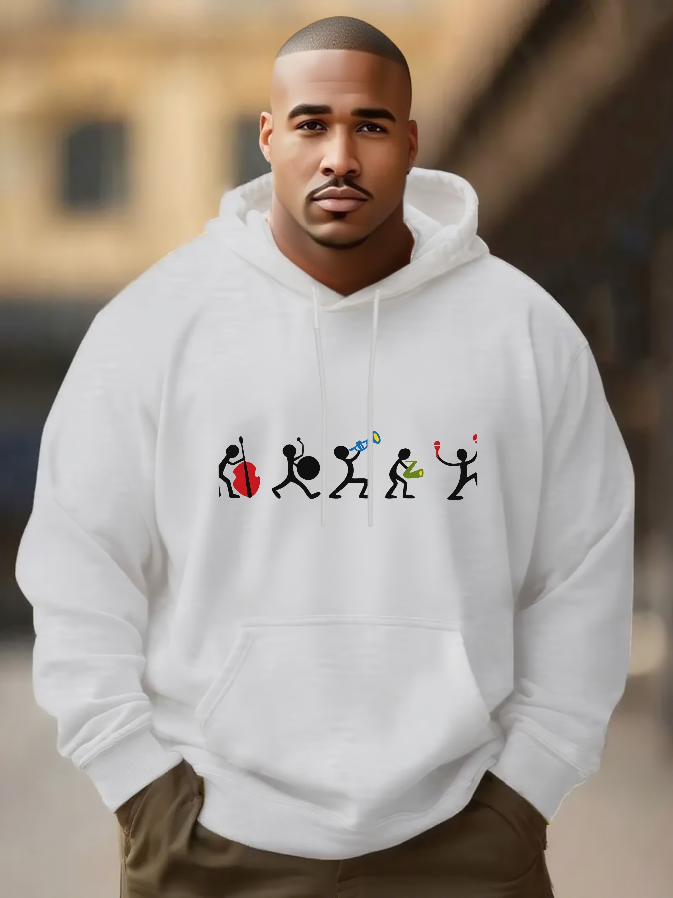 Men's Graphic Hoodie Colorful Musical Stick Figures Playing Instruments Hoodie
