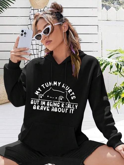 Women's Graphic Hoodie My Tummy Hurts But I Am Being Really Brave About It With Hand Drawn Cartoon Face Hoodie