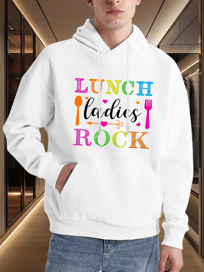 Men's Graphic Hoodie Lunch Ladies Rock Playful Colorful Utensils With Heart Accents Hoodie